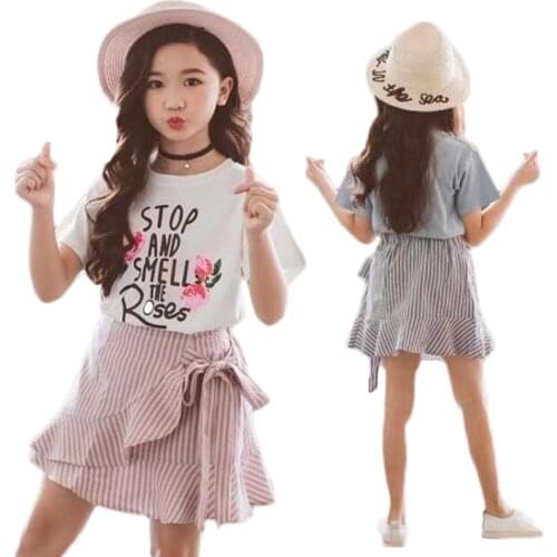 3-10 Yers Children Clothing Summer 2PCS Set Girls Dress Kids Baby Girl T-shirt Tops+ Striped Mermaid Skirt Outfits Clothes Set