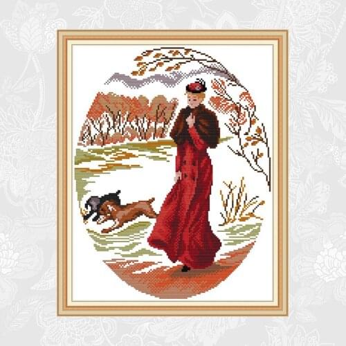 Lady in red Cross stitch Kits Patterns Counted 11ct 14ct Printed Fabric DIY Handwork Beginner DMC Embroidery Needlework Sets