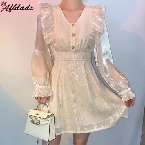 Solid Color Sequined V-neck Dress Womens Clothing Summer Sweet High Waist Long Sleeve Female Sexy Night Club Party Vestidos