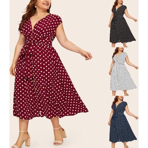 Summer Womens Dress XL Polka Dot Print Dress Lace Waist V-neck Short Sleeve Long Dress high quality платье летнее женское 50