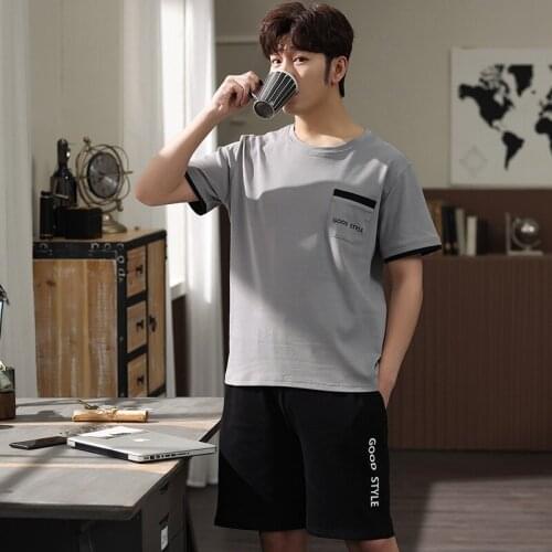 Pullover Short Sleeve Pants Pajama Upper Pocket PURE Cotton Summer Boy Man Jammies O-Neck Casual Sleepwear Nightwear Pyjamas HDE