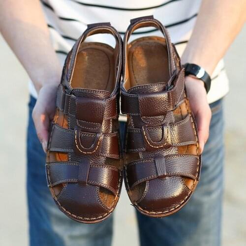Summer Retro Cowhide Driving Sandals Mens Shoes Soft Leather Casual Beach Shoes Velcro Soft Bottom Work Baotou Sandals