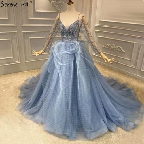 Serene Hill Blue V-neck Backless Sexy Zipper Wedding Dress Long Sleeves Pearls Beading Bridal Gown Custom Made CHA2374