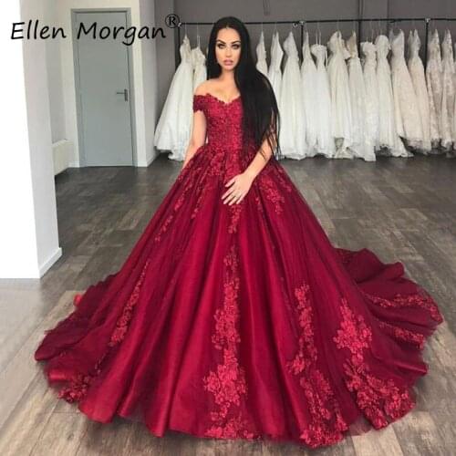 Burgundy Ball Gowns Wedding Dresses Off Shoulder Lace up Colorful Middle East Countries Bridal Gowns Vestido De Novia 2020