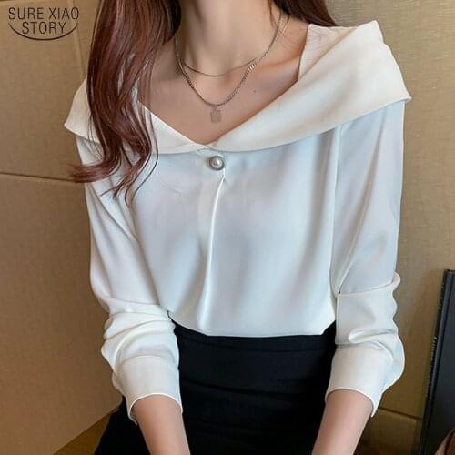 Office Lady Long Sleeve Plus Size Shirts Beading 2021 Spring Solid Color V Neck Women Blouse Tops Chiffon Female Clothing 14028