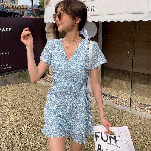 Short Sleeve Dress Women V-Neck Mini Print Sweet Korean Style All-match Summer Fashion Leisure Bandage Student Elegant Vestidos