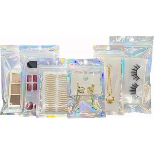 100Pcs Rainbow Laser Holographic Bags Resealable Foil Ziplock Bags for Lip Gloss Packaging Food Storage Party Favor Jewelry