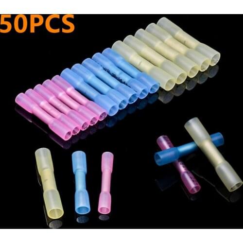 50PCS Insulated Waterproof Heat Shrink Butt Connectors Terminals Electrical Wire Cable Crimp Connector Splice Terminal Kit