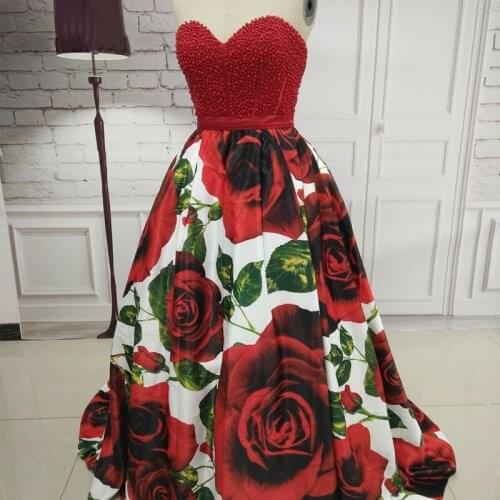 Elegant Long Satin Beaded Printed Prom Dresses with Pockets Floor Length Sweetheart Zipper BackRobe Soiree Femme for Women