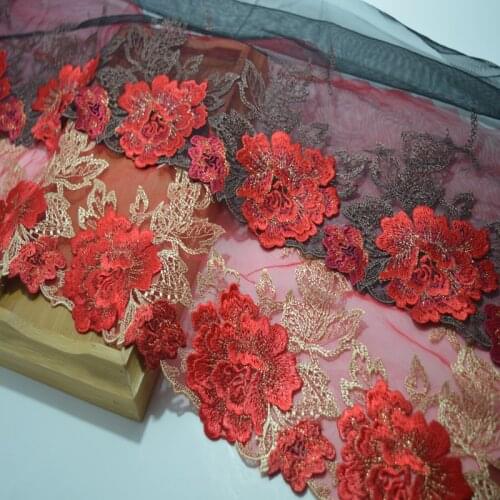 1Y 23cm black~red gauze fluorescent red floral Embroidery Lace Trim DIY handmade lace accessories textile fabrics18052001