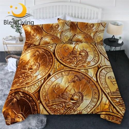 BlessLiving Coins Quilt Cover Statue of Liberty Air-conditioning Comforter Set Dollar Bedding Golden Thin Duvet Vivid Colchas
