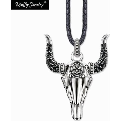 Bull Skull Leather Necklace,Europe Style Glam Fashion Good Jewelry For Women,2019 Gift In 925 Sterling Silver,Super Deals