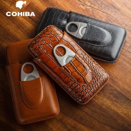 COHIBA Crocodile Pattern Leather Cigar Case Travel Leather Humidor Box W/Stainless Cigar Cutter Fit 3 Cigars Smoking Tool