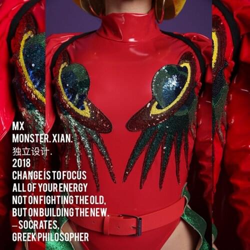 Red Gogo Dancer Costume Adult Pu Leather Bodysuit Stage Costume Festival Clothes Pole Dance Wear Sequins Gogo Boots DL8351