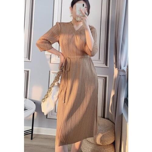 HOT SELLINGFold in fashion dress v-neck half sleeve the solid Lace-up waist is thinner side slit fold belt dress IN STOCK