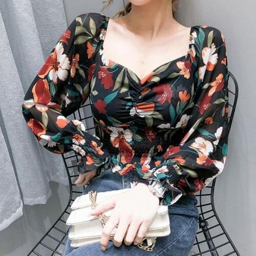 Fashion Shirt Tops Women Square Neck Long Sleeve Crop Top Floral Print Waist Tight T-shirt Blouse Women Pullovers Solid Tops