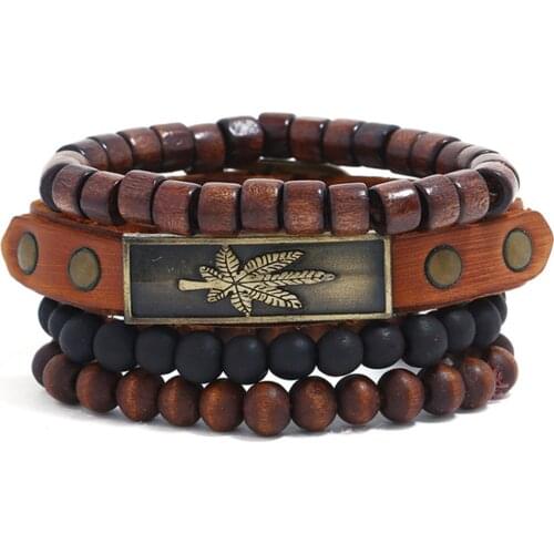 Weed Forgiven Cross Bike Handmade Brown Wooden Beads Woven Leather Men Bracelets Women Fashion Bangle Male Jewelry
