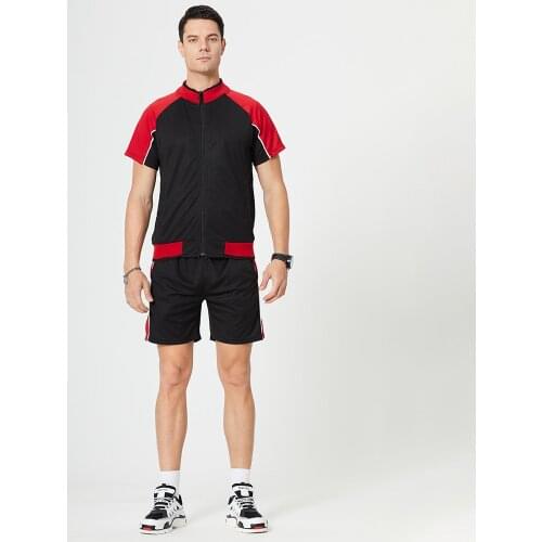 Mens Sports Suit Short Sleeved Stand Collar Cardigan Zipper Shirt with Drawstring Short Pants Casual Color Matching Suit