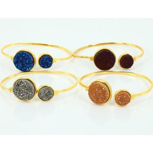 Simple style golden rainbow blue black grey orange round druzy stone charms golden base adjustable open bangles women