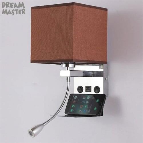 Fabric Wall Lamp with Phone Stand LED Reading Swing Arm Wall Lamp with USB Charging Port Phone Holder Industrial USB Wall Sconce