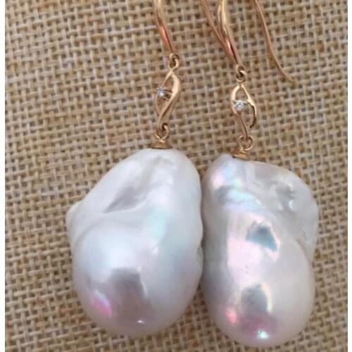 Jewelry Free Shipping gorgeous a pair of 28-30mm natural south sea baroque whiter pearl earring