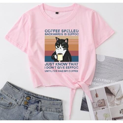 Funny Cat Lover Coffee Spelled Knotted Crop Top Shirt Womens Summer Short Sleeve Cotton T-Shirt Cropped Tops Tee Front Tie Knot