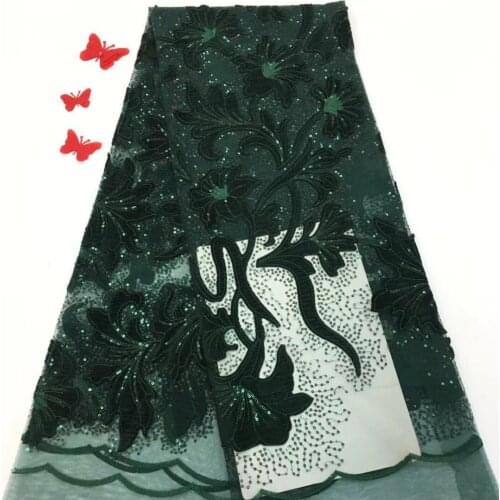 Green French Lace Fabric High Quality Cutting African Velvet Lace Fabric With Sequins Embroidery Nigerian Party Dress 5yards FJF