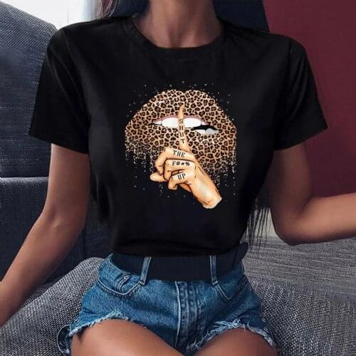 Lips Leopard Pattern T-shirts Womens Beach Fashion Shirts o-neck Black Top Summer Girl Panda Animal Pattern Fashion