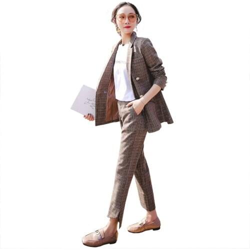 2018 spring and autumn womens elegant temperament check small suit Korean wind retro long-sleeved suit jacket wild two-piece
