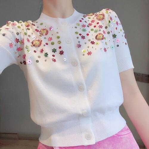 2021 Summer Cardigan Women Cropped Shirt Beaded Cropped Cardigan Round Neck Single Breasted Puff Sleeve Cardigan Crop Top Shirts