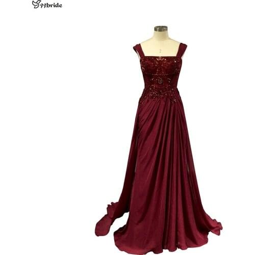 YYbride New Design Wine Red China Silk Fabric Prom Dresses Long Straight Spaghetti Strap Crystals Beading Evening Dresses