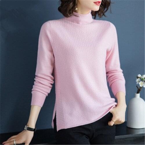 100%goat cashmere knit women korean style turtleneck open hem pullover sweater solid color M-XL