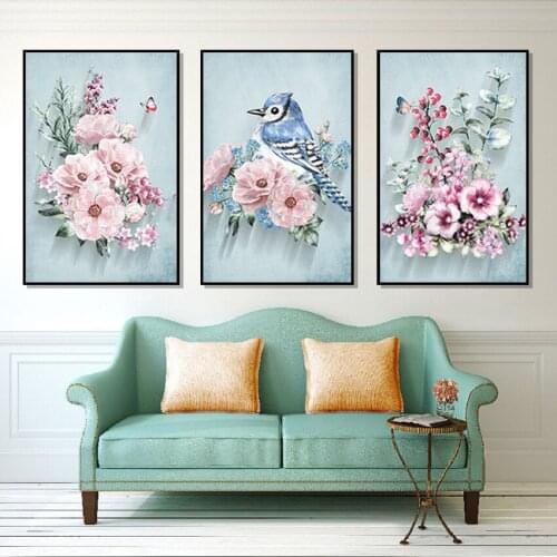 American Style Pink Flowers Modern Decoration Blue Birds Wall Art Pictures Canvas print Painting for Living Room Home Decor