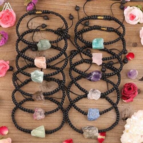 Natural White Roses Quartz Pink Tourmaline Stone Freeform Nugget Chunky Beads Adjustable Braided Bracelet Jewelry Gift For Women