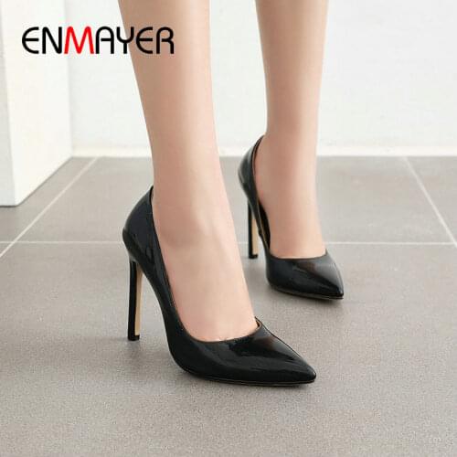 ENMAYER 2020 Pointed Toe Dress Slip-On Thin Heel Pumps Women Shoes Basic Patent Leather Women High Heels PU Fashion Ladies Shoes