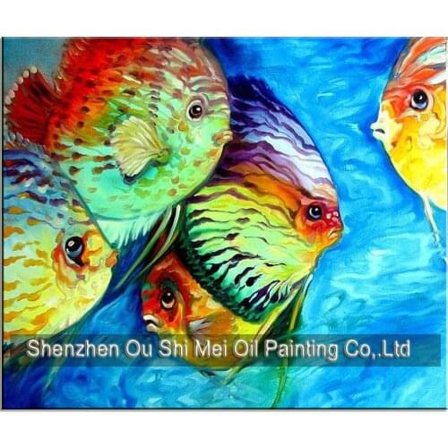 Unframed Handmade 5 Fishs Oil Painting On Canvas for Living Room or Bedroom Decor Modern Abstract Colorful fish Animal in Sea