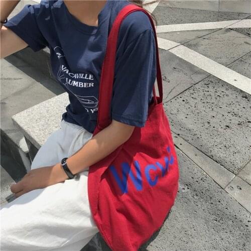 Korean Ins Blue Letters Red Canvas Tote Bag Women Cotton Casual Shoulder Bag Large Shopping Bags for Boutique Student Bookbag