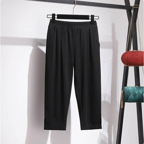 Summer plus size leggings 4XL-8XL fashion womens cropped trousers with loose casual pockets, open seams and high waist