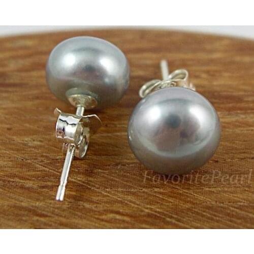 Favorite Pearl Earrings AAA 9-9.5MM Grey Color Natural Freshwater Pearl Stud Earring Set Perfect Jewelry Charming Women Gift