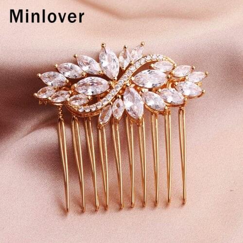 Minlover Luxury Gold Color Cubic Zirconia Flower Hair Combs / Pins Wedding Bridal Hair Accessories Princess Hair Ornaments FS320
