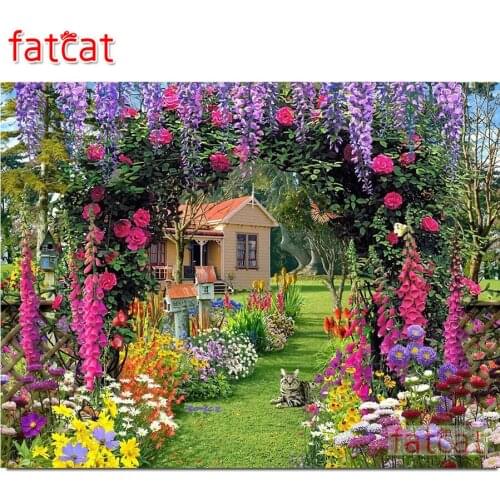 FATCAT Garden house cat 5d diy diamond painting full square round drill diamond embroidery kits wall decoration AE2886