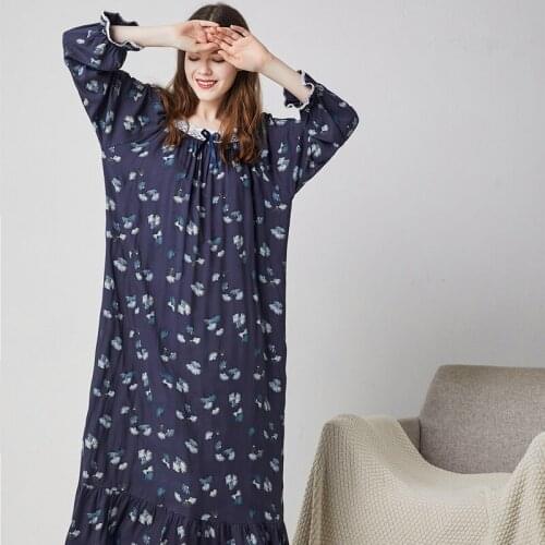 Spring Women Nightgowns Long Sleeve Nightwear Rayon Print Sleeping Dress Long Loose Sleepwear Home Plus Size Sexy Night Dress