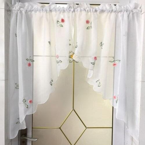 New Fashion Embroidered Floral Design Pink Yellow Colors Tulle Balcony Kitchen Window Curtains Gauze Small Coffee Curtain
