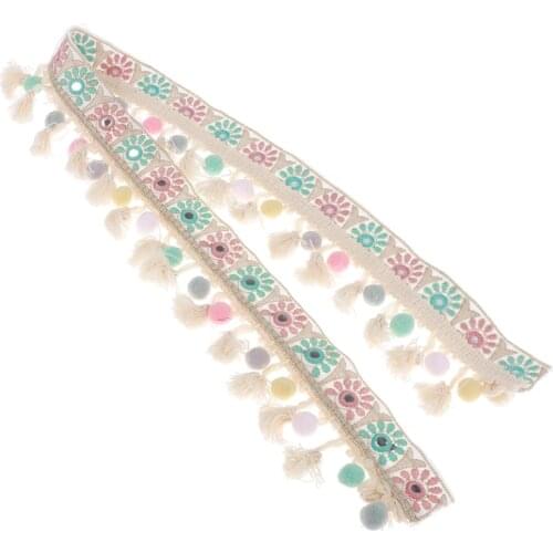 1 Yard Jacquard Ribbon Trim with Pom Poms Tassel DIY Crafts - Sun Pattern