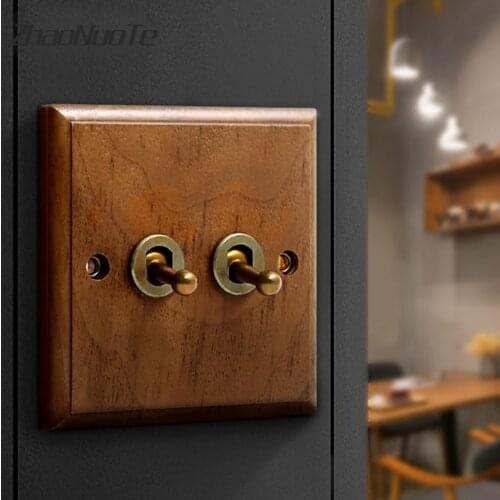 Retro Toggle Switch Panel 86 Type 1-4 Gang 2 Way Black Walnut Solid Wood Panel Concealed Wall Light Switch For Household