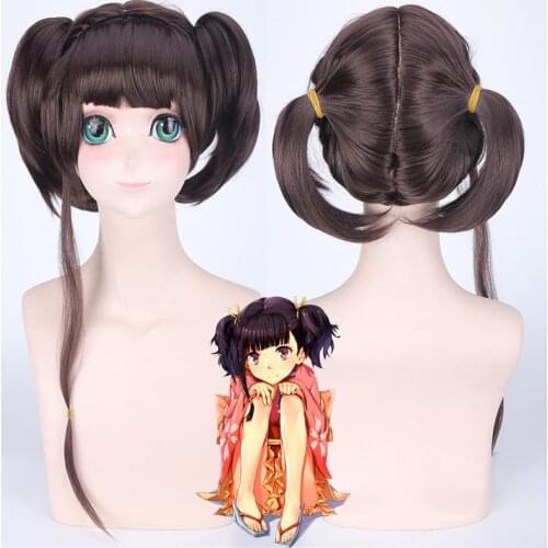Anime KABANERI OF THE IRON FORTRESS Mumei Cosplay wig for Halloween Party Synthetic Hair With double Ponytails Brown Mumei wigs