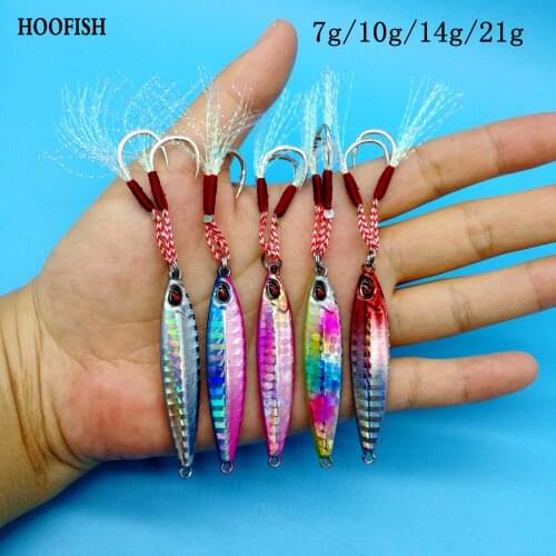 HOOFISH 3PCS/Lot Laster Metal Jig Lure 7g/10g/14g/21g 5Colors Microjigging Artificial Bait With Two Hooks Fishing Accessories