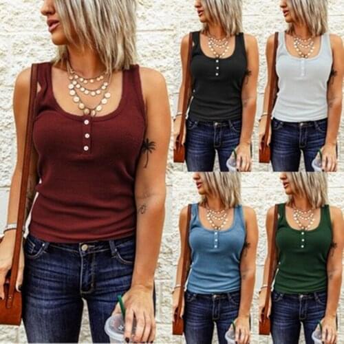 2021 Sleeveless Top Summer Tank Tops Women Casual Solid Slim Tanks Button O Neck Soft Tee Shirts Women Clothes Female Tank