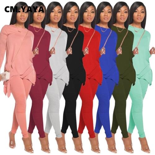 CM.YAYA Street Sweatsuit Womens Set Bow Hem Long Sleeve Tee Tops Stacked Legging Pants Set Active Tracksuit Two Piece Outfit