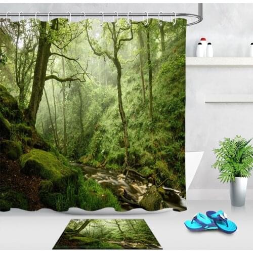 Green Tropical Forest Tree Shower Curtains Bathroom Curtain with Mat Set Nature Scenic Waterproof Fabric for Bathtub Decor